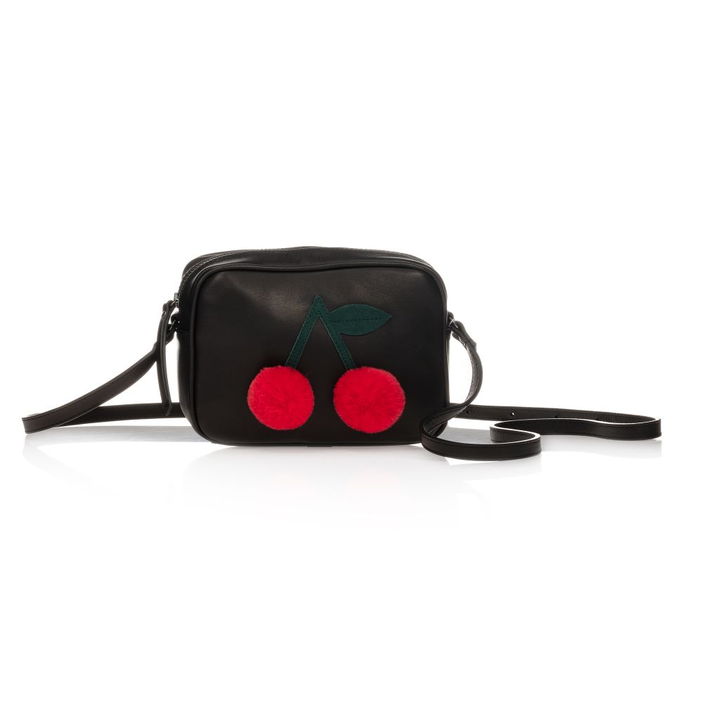 Bonpoint - حقيبة جلد لون أسود وأحمر للبنات (16سم) | Childrensalon