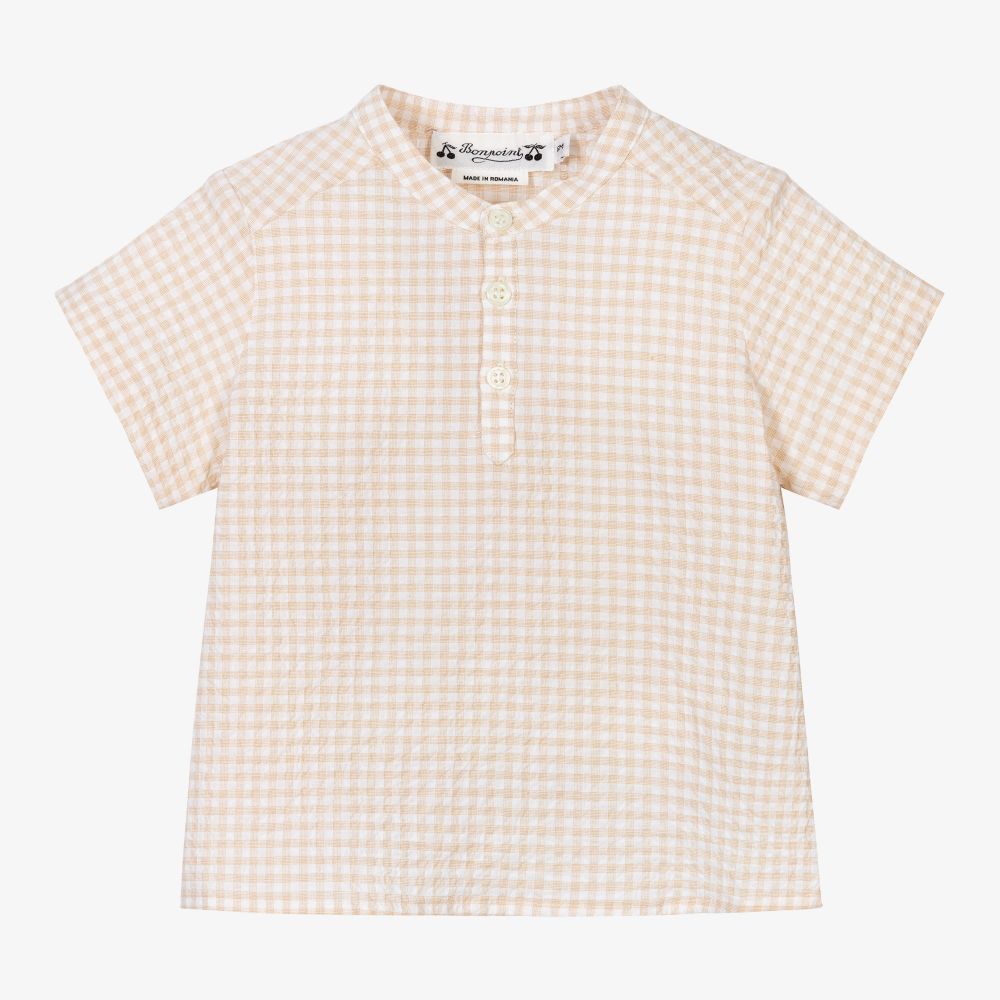 Bonpoint - Бежевая рубашка в мелкую клетку для мальчиков | Childrensalon