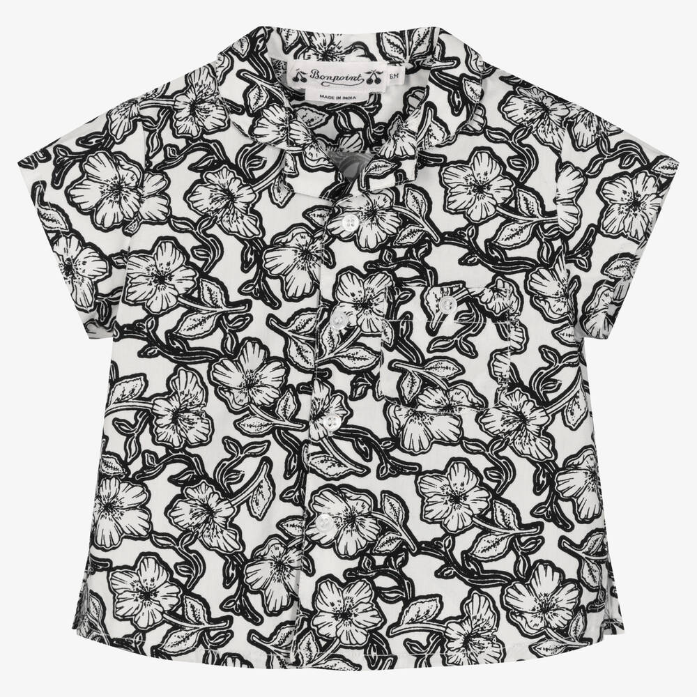 Bonpoint - قميص أطفال ولادي قطن لون أسود وأبيض بطبعة ورود | Childrensalon