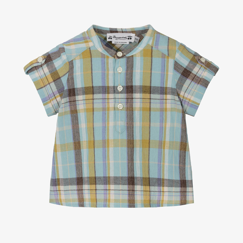 Bonpoint - قميص قطن وكتان كاروهات لون أزرق وأخضر | Childrensalon