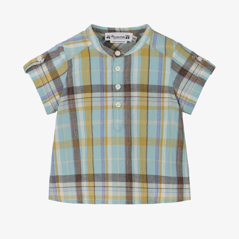 Bonpoint - Chemise à carreaux bleue et verte | Childrensalon