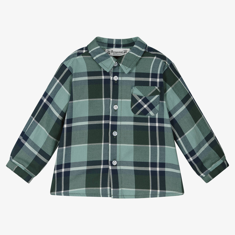 Bonpoint - Boys Blue & Green Checked Cotton Shirt | Childrensalon