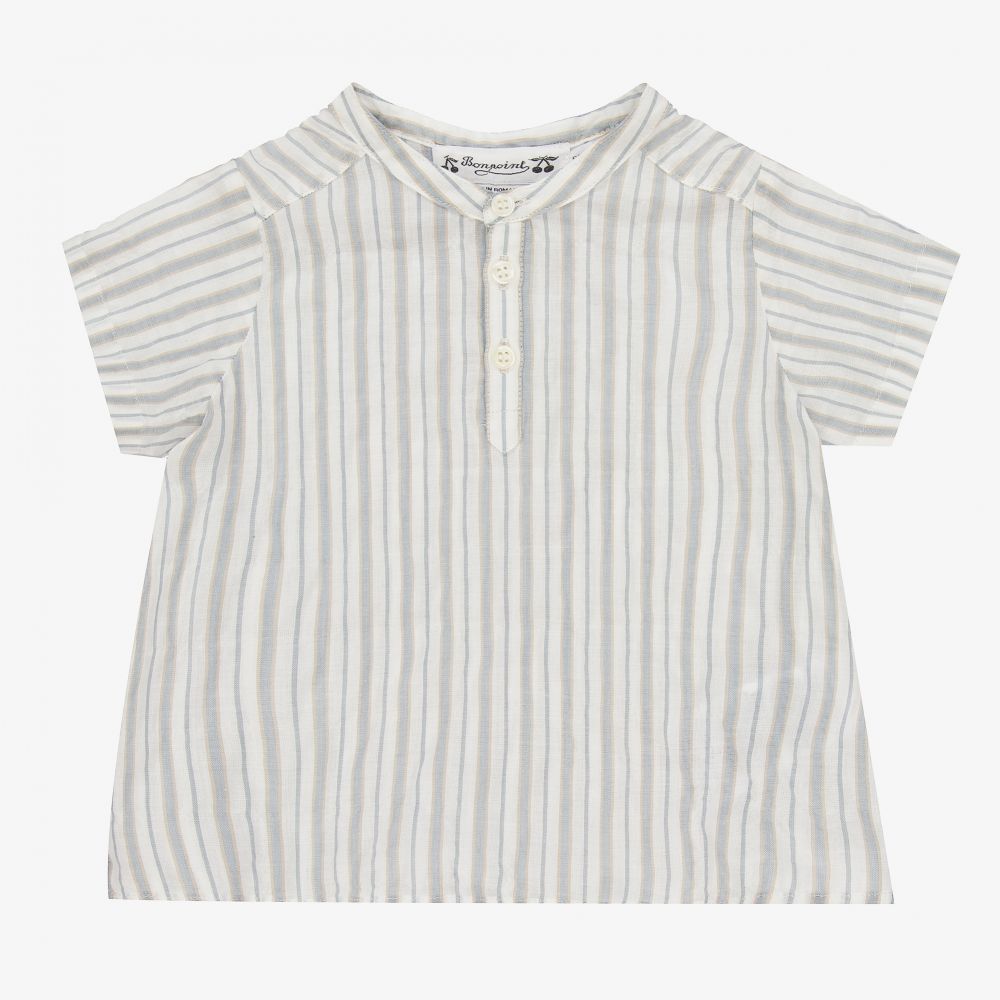 Bonpoint - قميص أطفال ولادي قطن عضوي مقلم لون أزرق وأبيض | Childrensalon