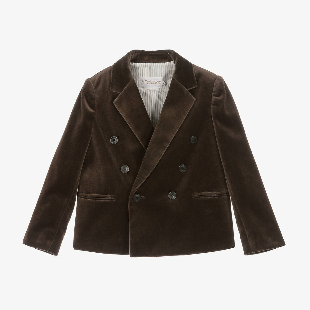 Bonpoint - Boys Brown Double Breasted Velvet Blazer | Childrensalon