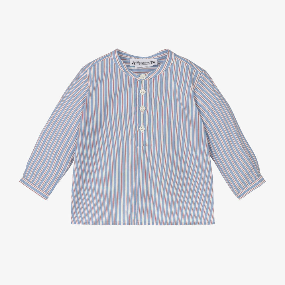 Bonpoint-Boys Collarless Blue Striped Top | Childrensalon Outlet
