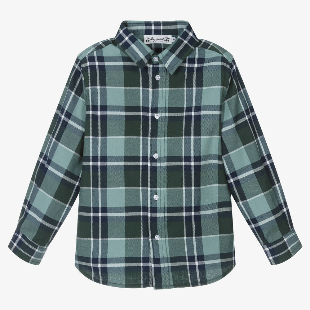 Bonpoint - Boys Green & Blue Cotton Check Shirt | Childrensalon