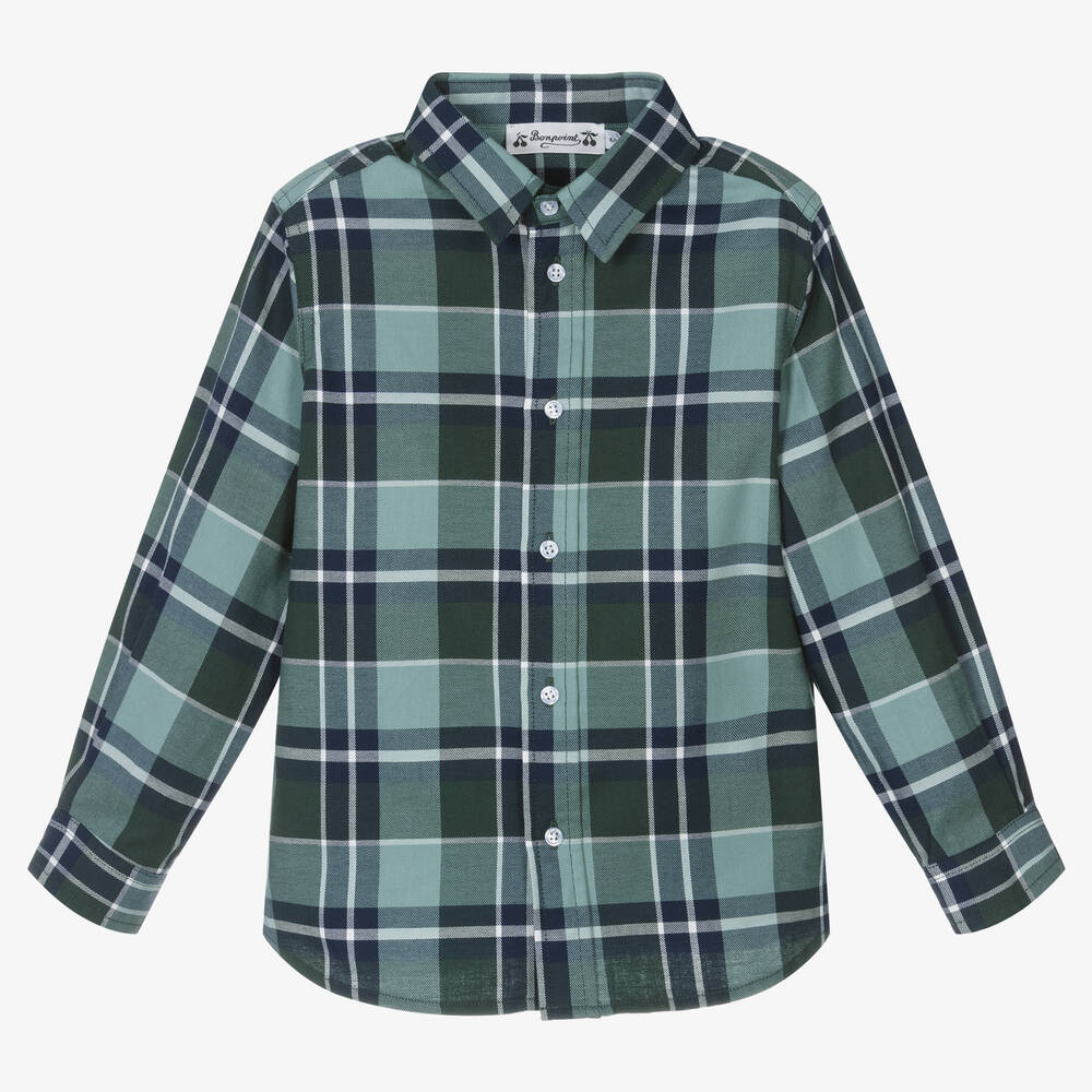 Bonpoint-Сине-зеленая хлопковая рубашка в клетку | Childrensalon Outlet
