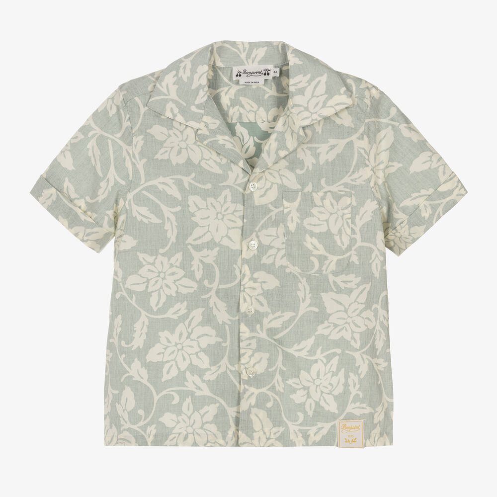 Bonpoint-Boys Green Floral Cotton Shirt | Childrensalon Outlet
