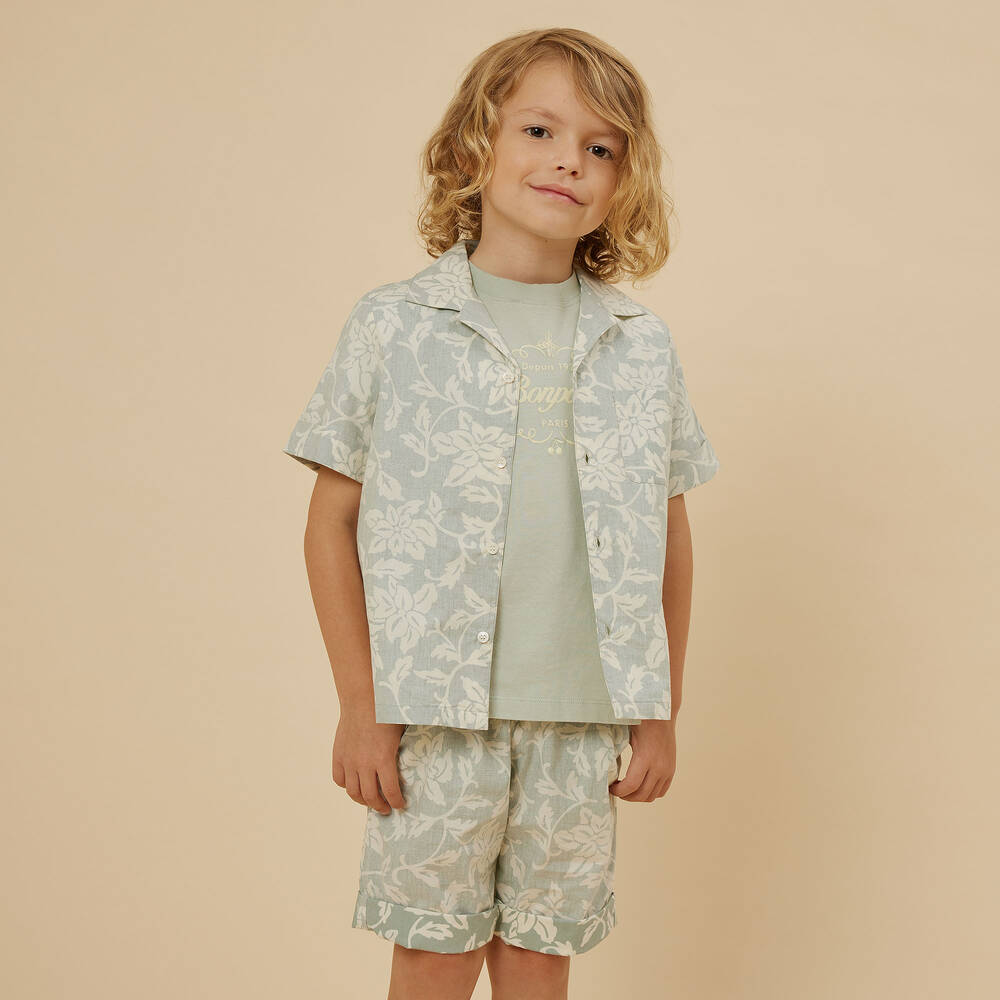 Bonpoint-Boys Green Floral Cotton Shirt | Childrensalon Outlet