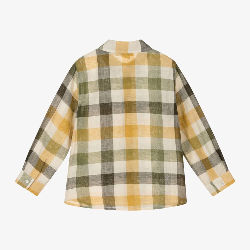 Bonpoint-قميص قطن وكتان كاروهات لون أخضر وعاجي للأولاد | Childrensalon Outlet