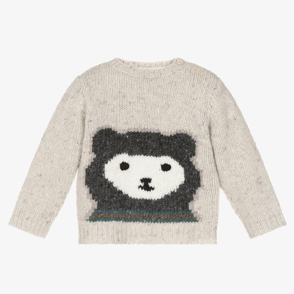 Bonpoint - Pull gris en laine ours garçon | Childrensalon