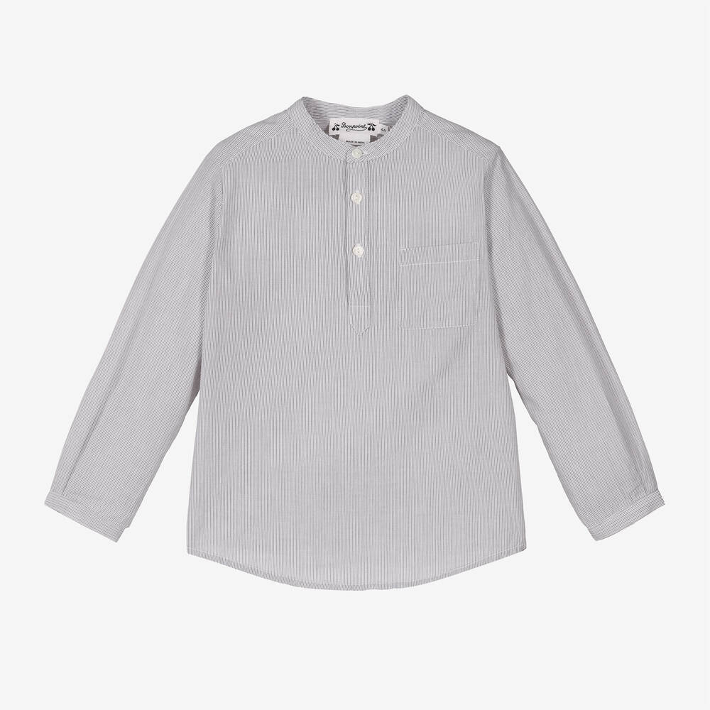 Bonpoint - Boys Grey Cotton Striped Shirt | Childrensalon