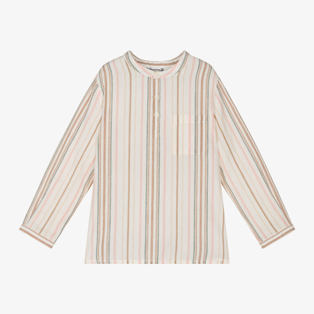 Bonpoint-Boys Ivory Cotton Stripe Collarless Shirt | Childrensalon Outlet