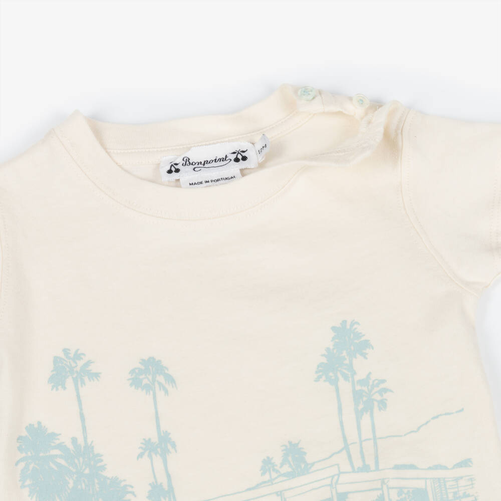 Bonpoint-Boys Ivory Cotton T-Shirt with Blue Vintage Car | Childrensalon Outlet