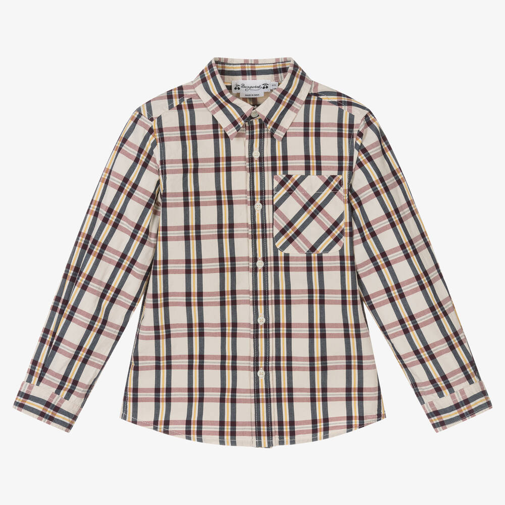Bonpoint - Кремовая хлопковая рубашка в клетку | Childrensalon