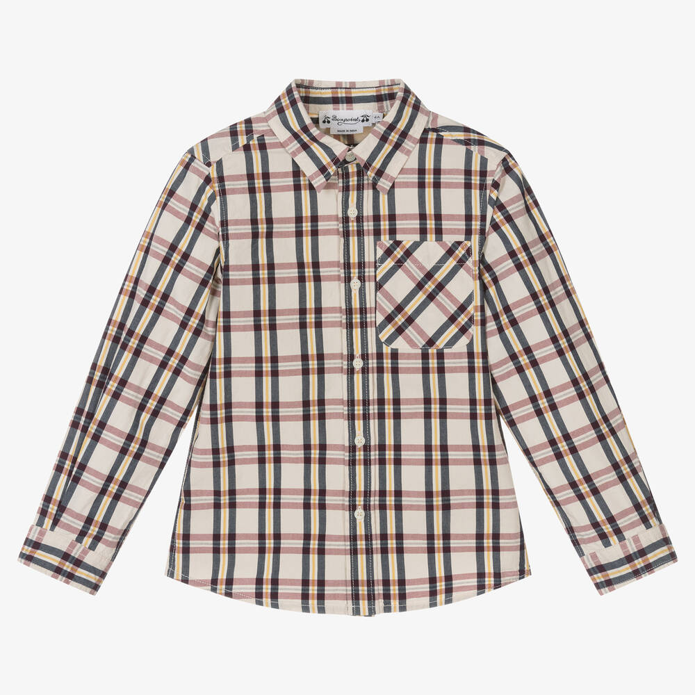 Bonpoint-Boys Ivory Plaid Cotton Shirt | Childrensalon Outlet