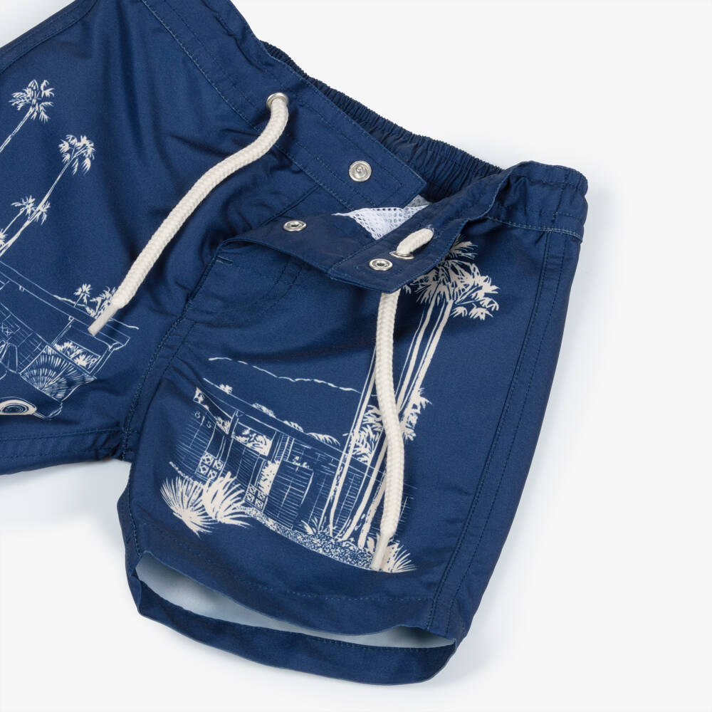 Bonpoint-Boys Navy Blue Swim Shorts with White Tropical Print | Childrensalon Outlet