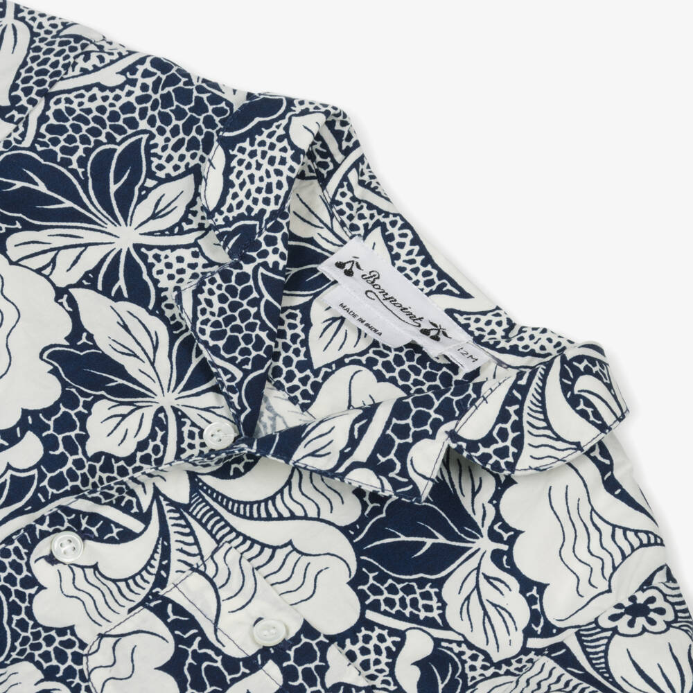 بونبوان-قميص قطني أزرق بحري بنقشة نباتية للأولاد | Childrensalon Outlet