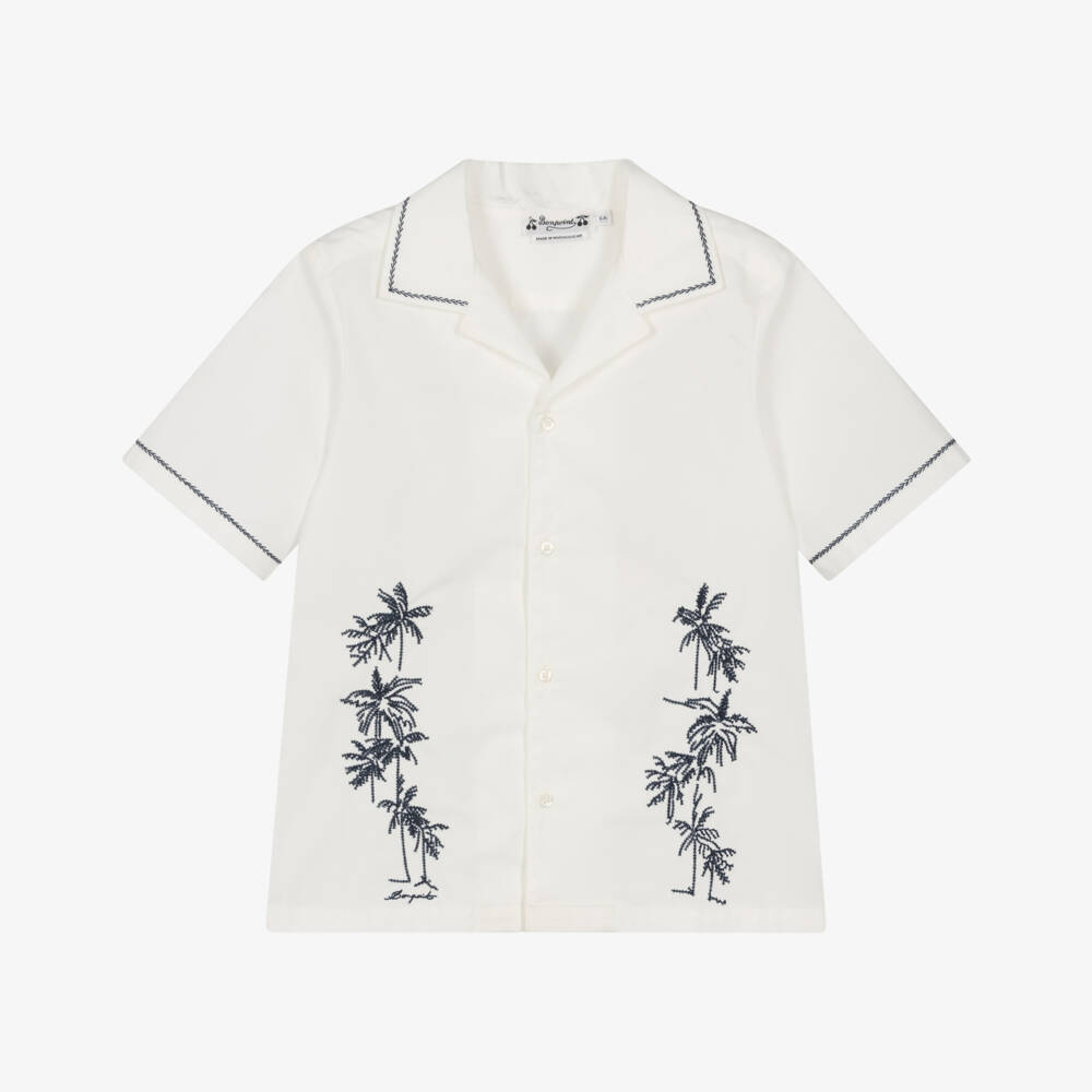 Bonpoint-Boys Off-White Cotton Shirt with Palm Tree Embroidery | Childrensalon Outlet