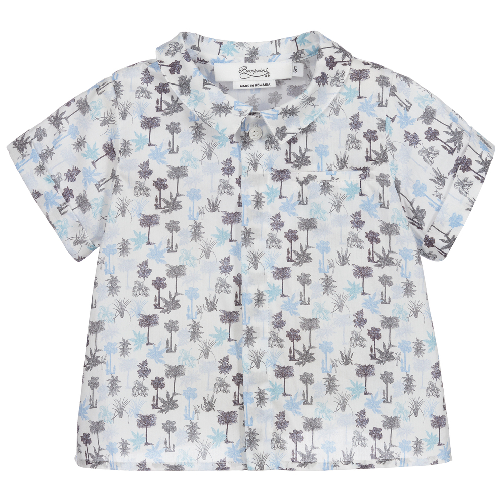 Bonpoint - Boys White & Blue Cotton Shirt | Childrensalon