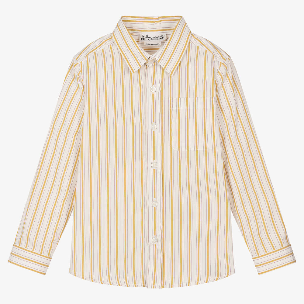 Bonpoint - Boys White & Yellow Striped Cotton Shirt | Childrensalon