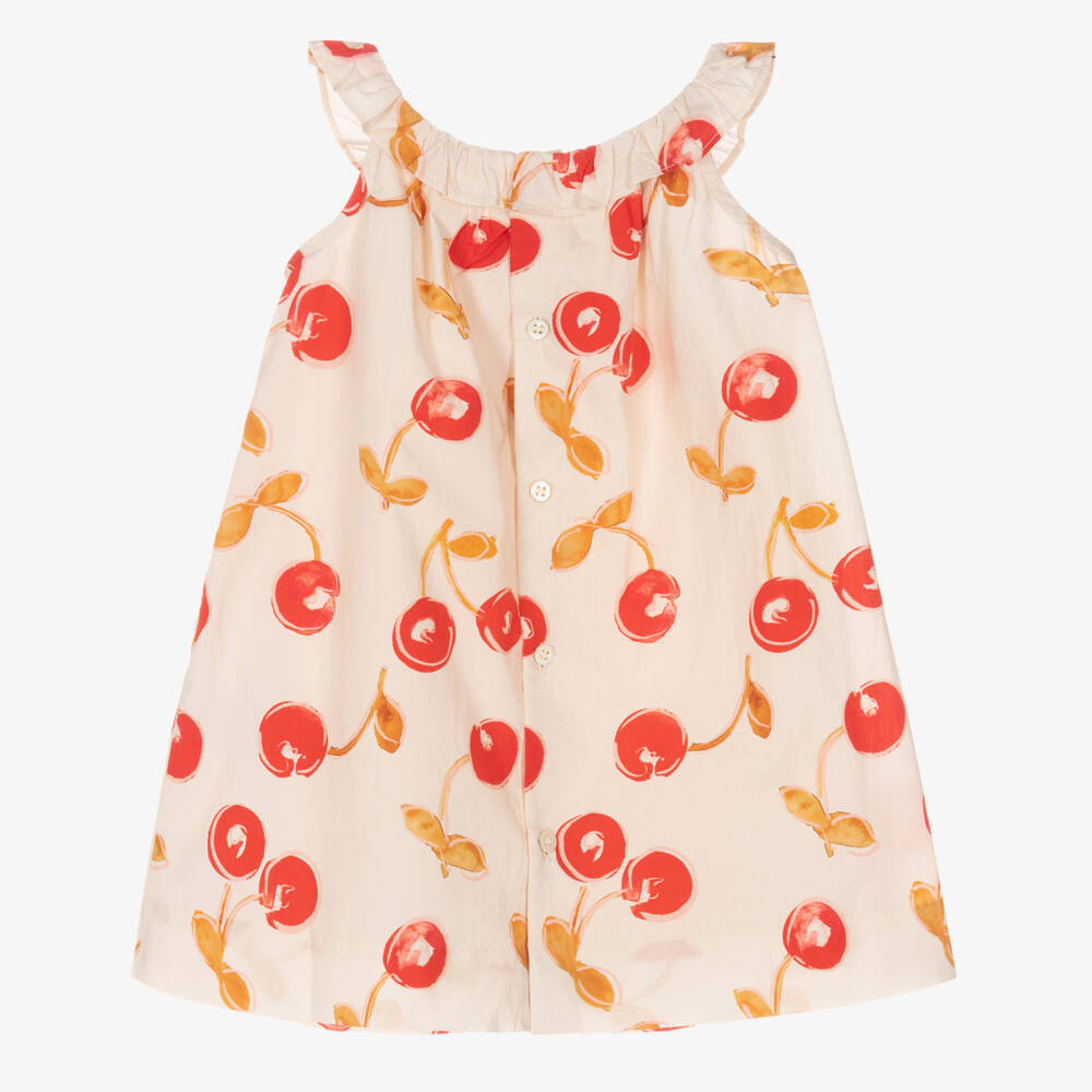 Bonpoint-Girls Beige Cherry Print Cotton Poplin Dress | Childrensalon Outlet