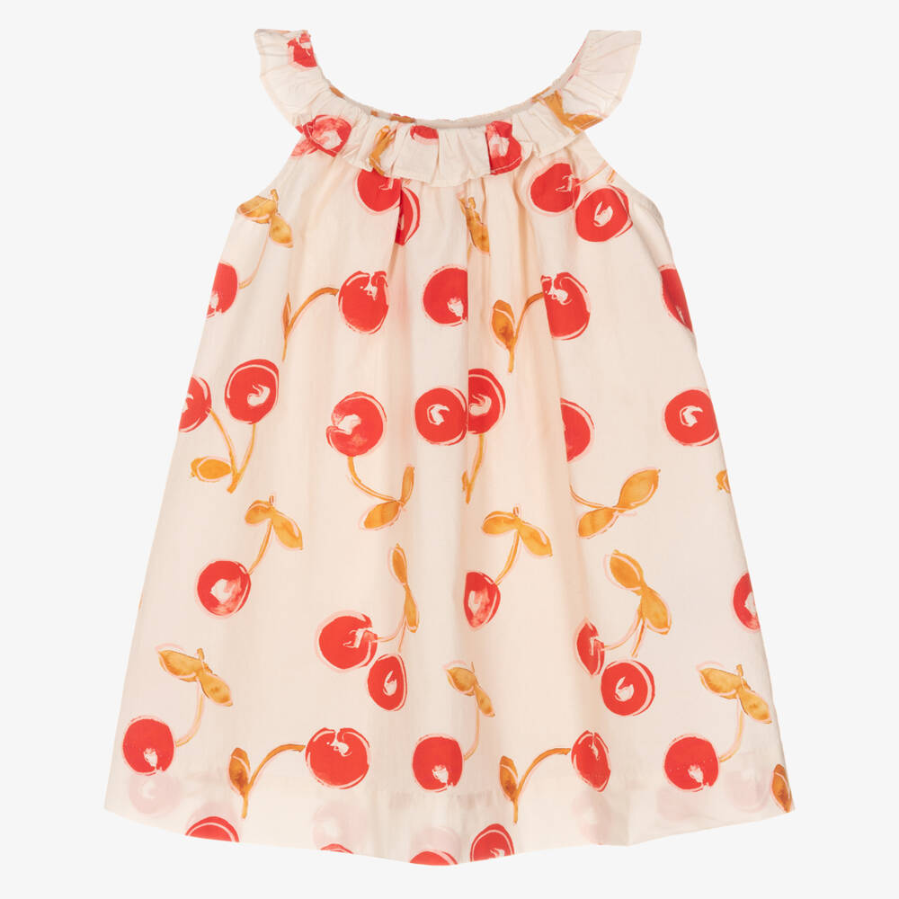 Bonpoint-Girls Beige Cherry Print Cotton Poplin Dress | Childrensalon Outlet