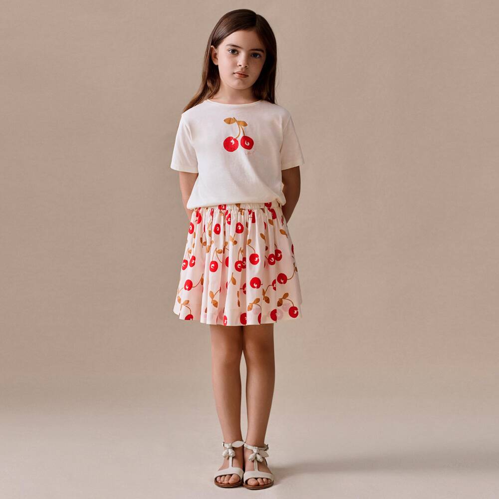 Bonpoint-Girls Beige Cherry Print Cotton Poplin Skirt | Childrensalon Outlet
