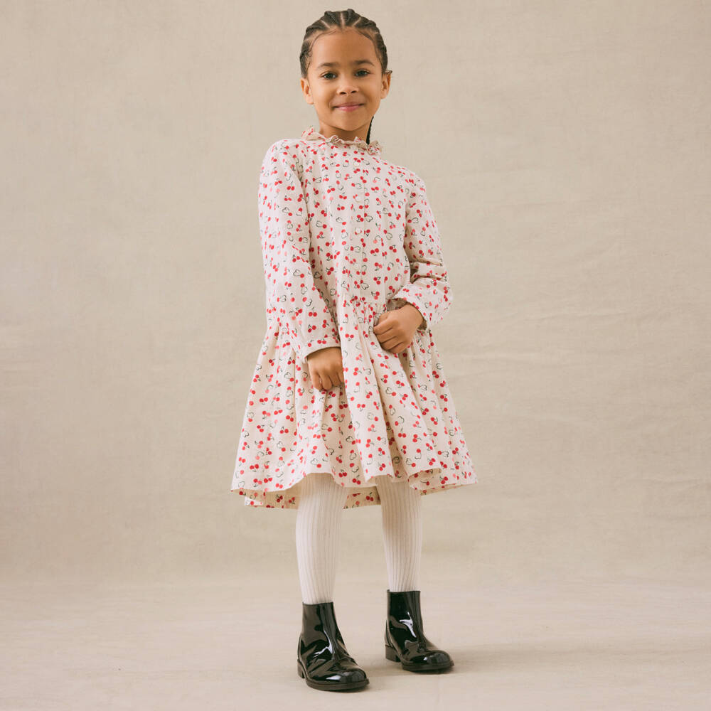 Bonpoint-فستان بطبعة الكرز قطن مقلم لون عاجي | Childrensalon Outlet