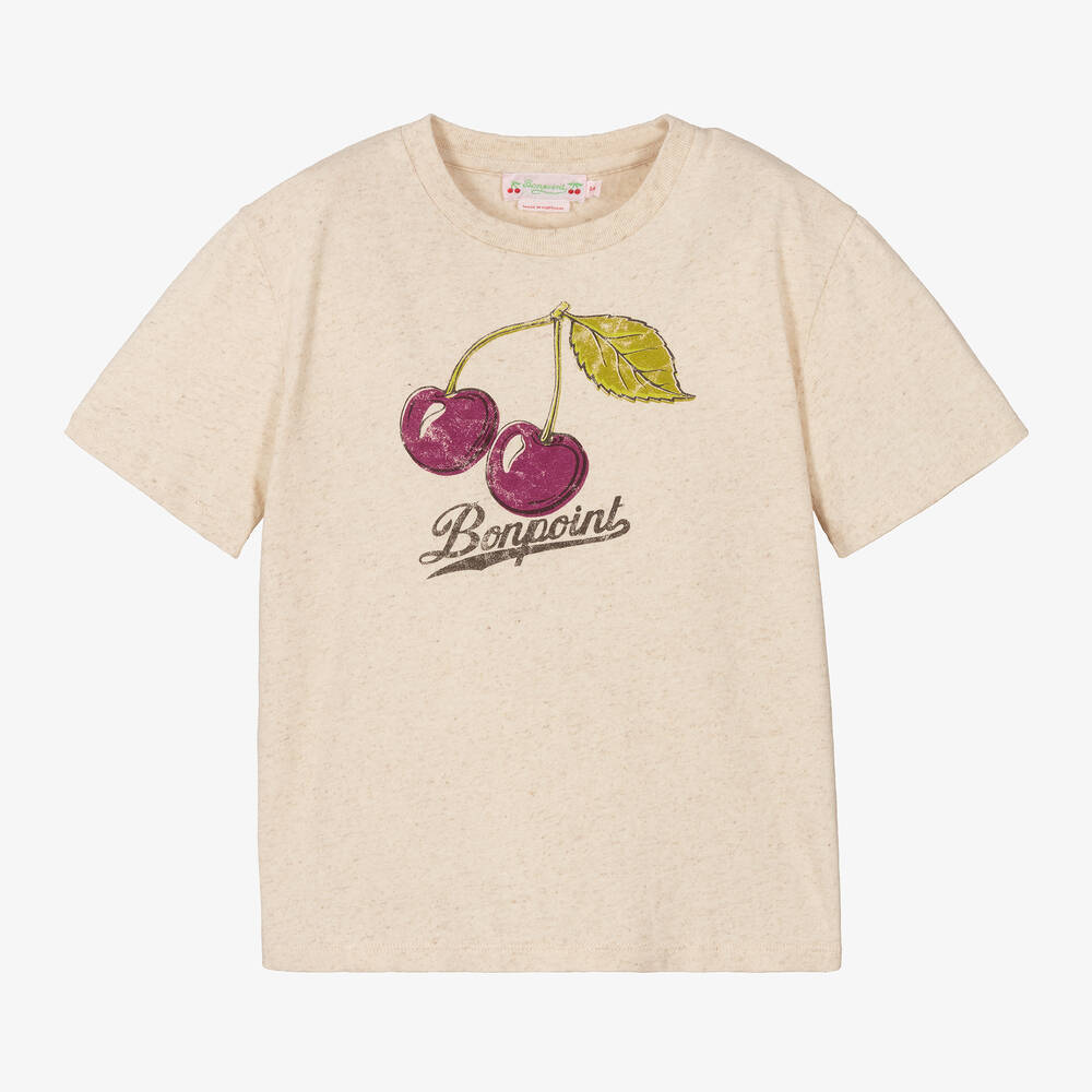 Bonpoint - Бежевая футболка с вишенками | Childrensalon