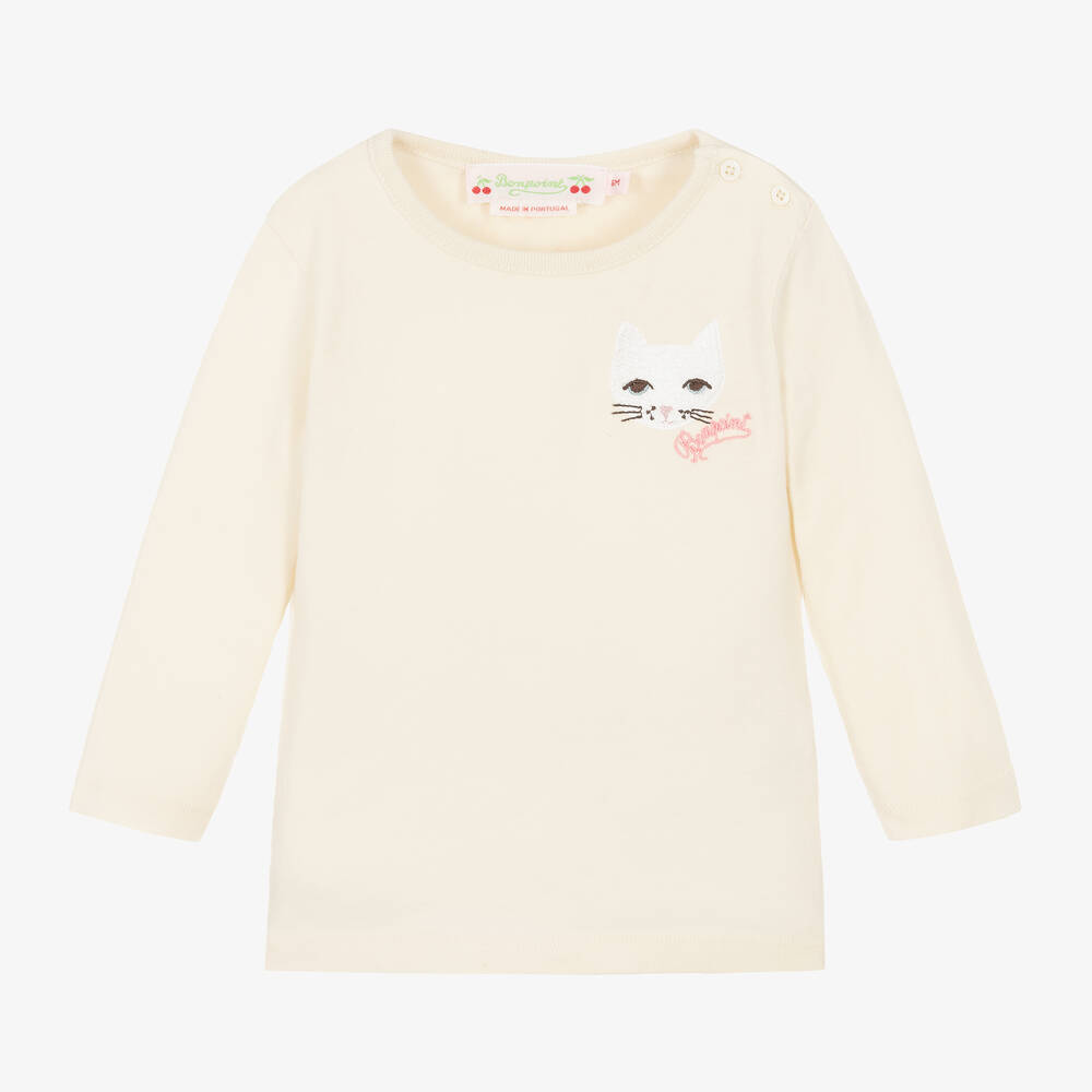 Bonpoint - Haut beige en coton chat fille | Childrensalon