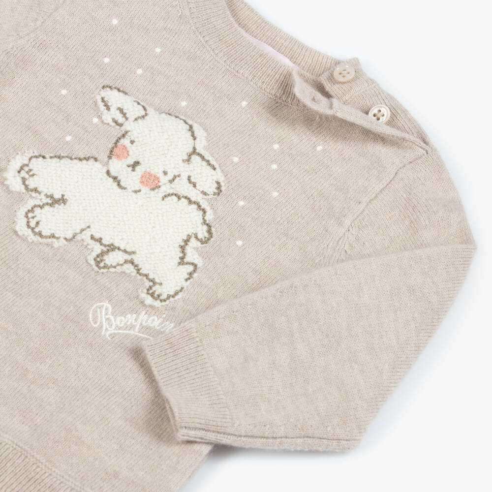 Bonpoint-بلوفر صوف مارينو محبوك لون بيج للبنات | Childrensalon Outlet