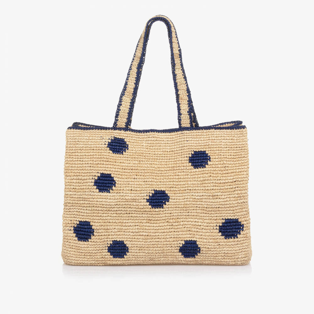 Bonpoint-Girls Beige & Navy Blue Raffia Tote Bag with Cherry Logo Charm | Childrensalon Outlet