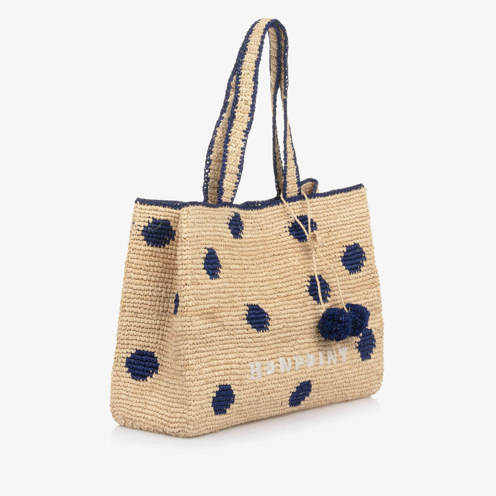Bonpoint-Girls Beige & Navy Blue Raffia Tote Bag with Cherry Logo Charm | Childrensalon Outlet
