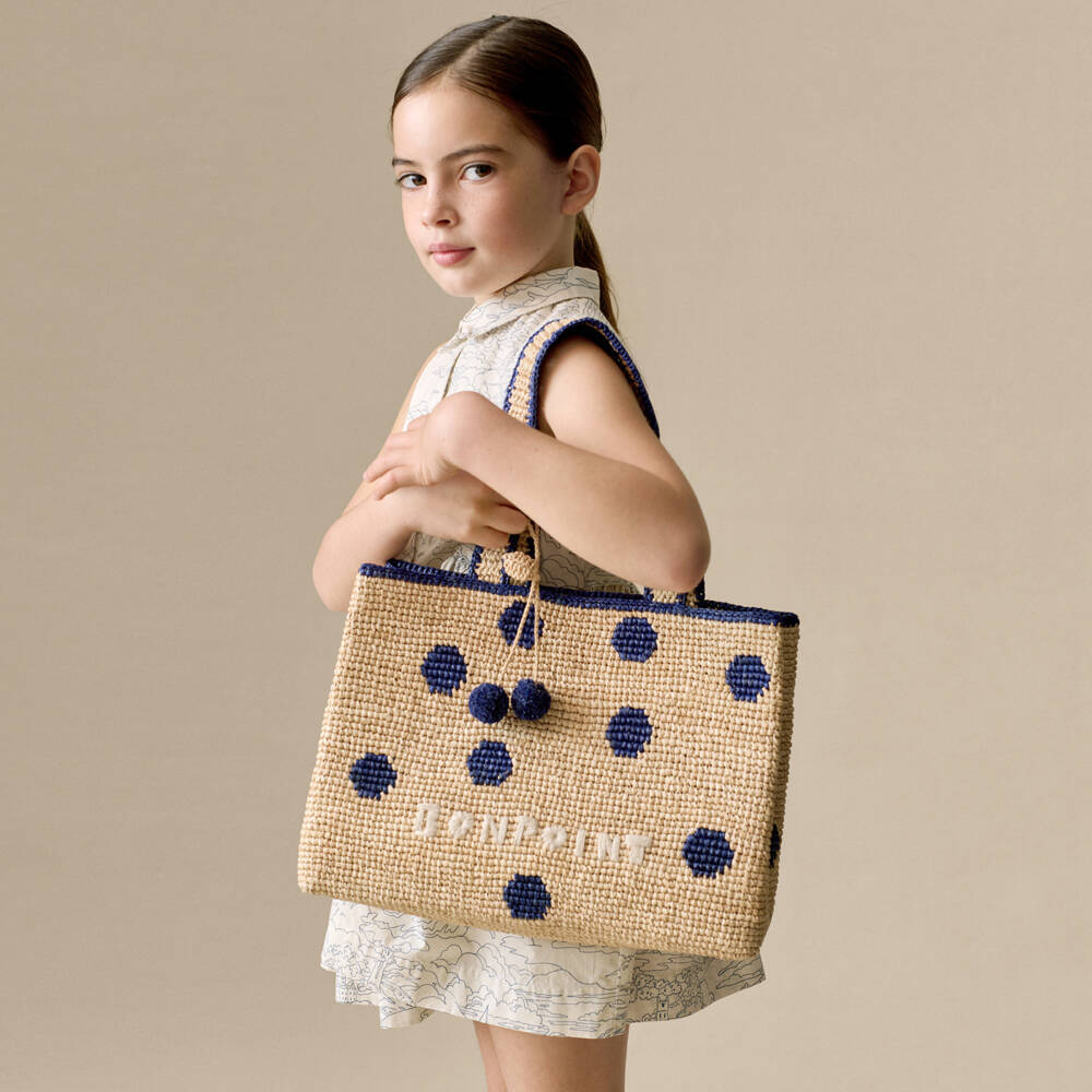 Bonpoint-Girls Beige & Navy Blue Raffia Tote Bag with Cherry Logo Charm | Childrensalon Outlet