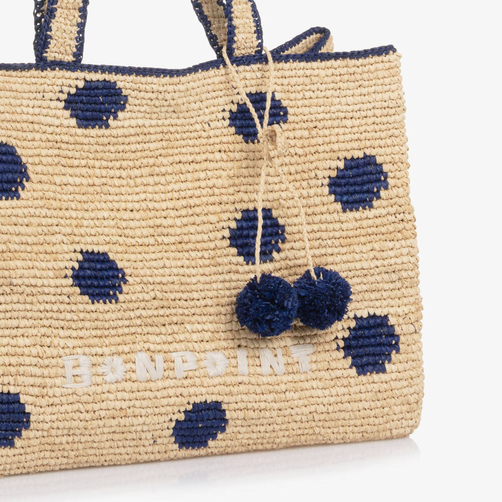 Bonpoint-Girls Beige & Navy Blue Raffia Tote Bag with Cherry Logo Charm | Childrensalon Outlet
