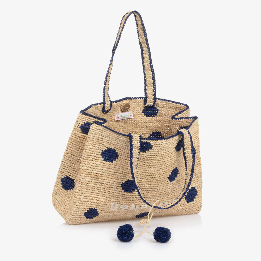 Bonpoint-Girls Beige & Navy Blue Raffia Tote Bag with Cherry Logo Charm | Childrensalon Outlet