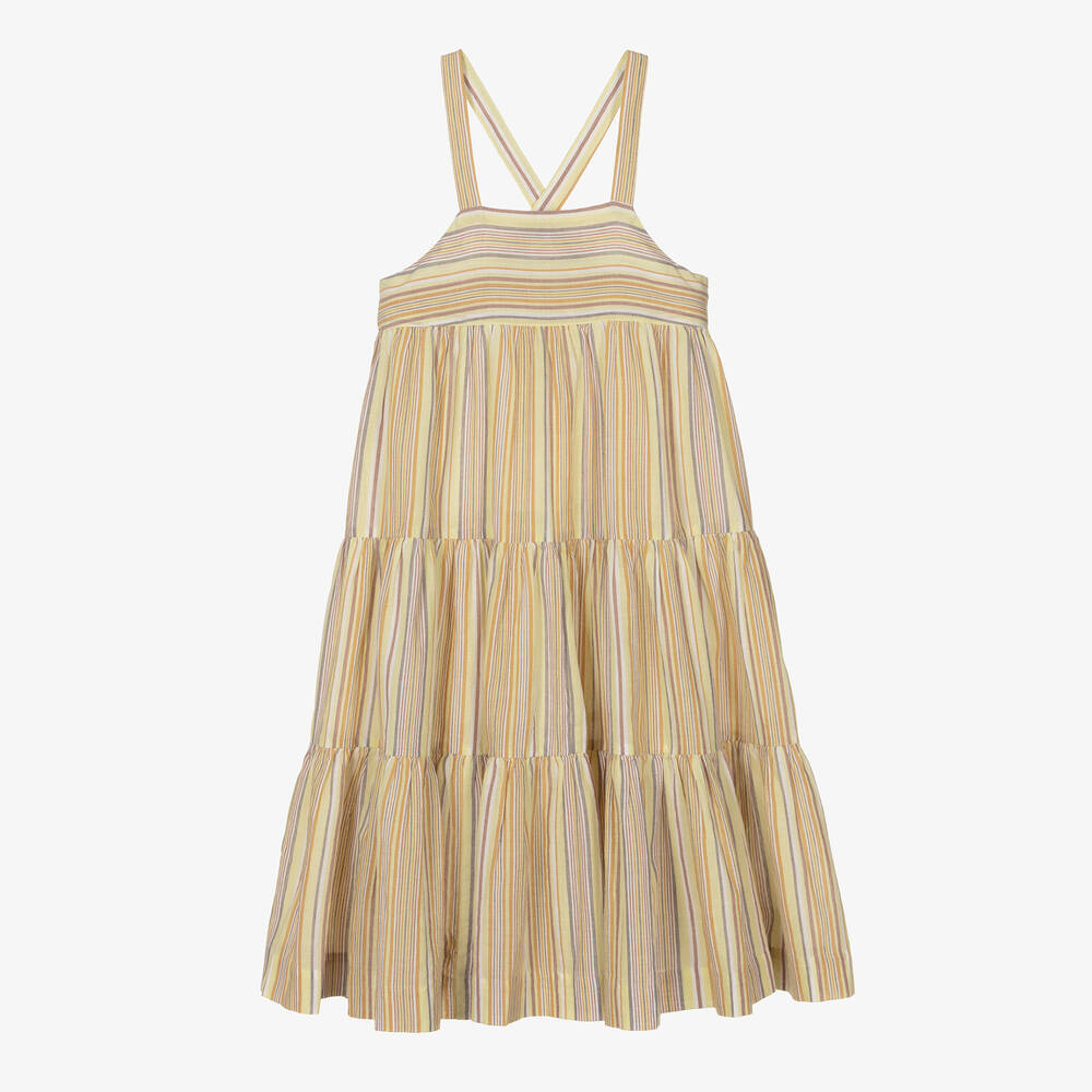 Bonpoint - Girls Beige Striped Cotton Sundress | Childrensalon