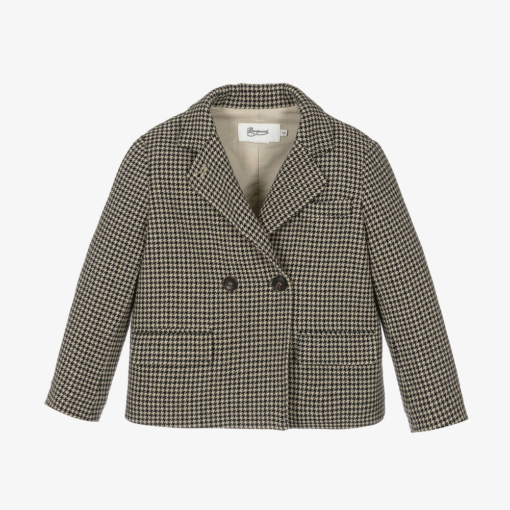 Bonpoint - Girls Beige Wool Houndstooth Blazer | Childrensalon