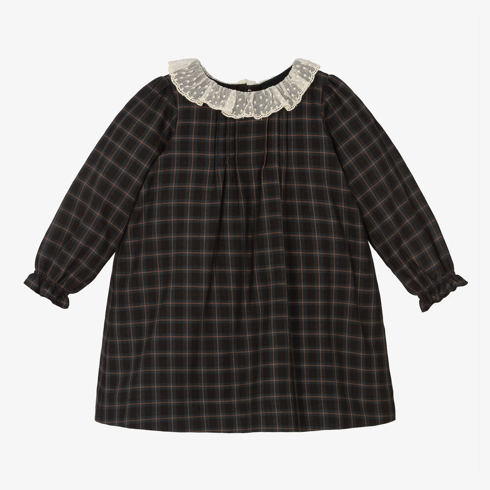 Bonpoint - فستان قطن مزين بياقة دانتيل كاروهات لون أسود | Childrensalon