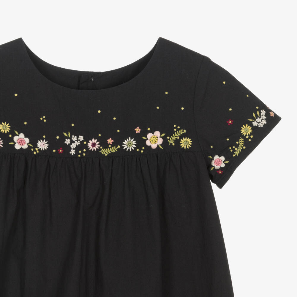 Bonpoint-Girls Black Cotton Dress with Embroidered Flowers | Childrensalon Outlet