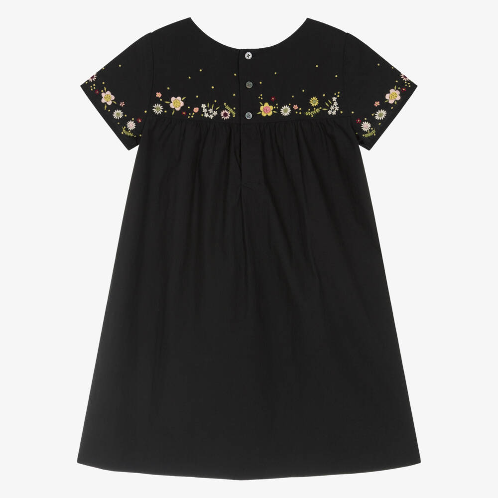 Bonpoint-Girls Black Cotton Dress with Embroidered Flowers | Childrensalon Outlet