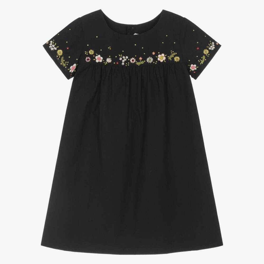 Bonpoint-Girls Black Cotton Dress with Embroidered Flowers | Childrensalon Outlet