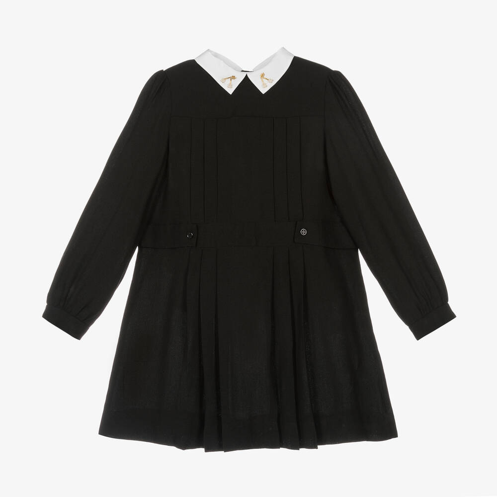 Girls Black Crepe Cherry Collar Dress