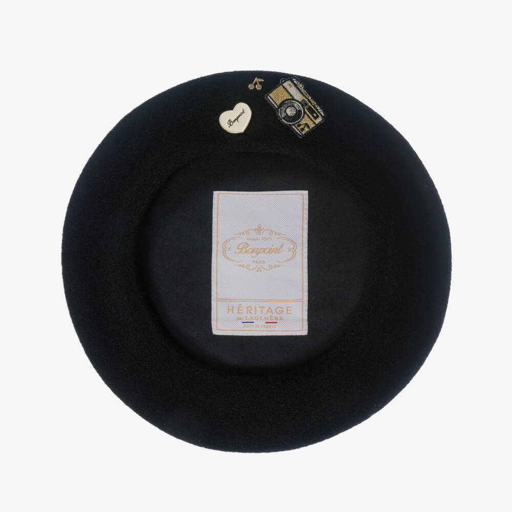 Bonpoint-Girls Black Wool Beret with Patches | Childrensalon Outlet
