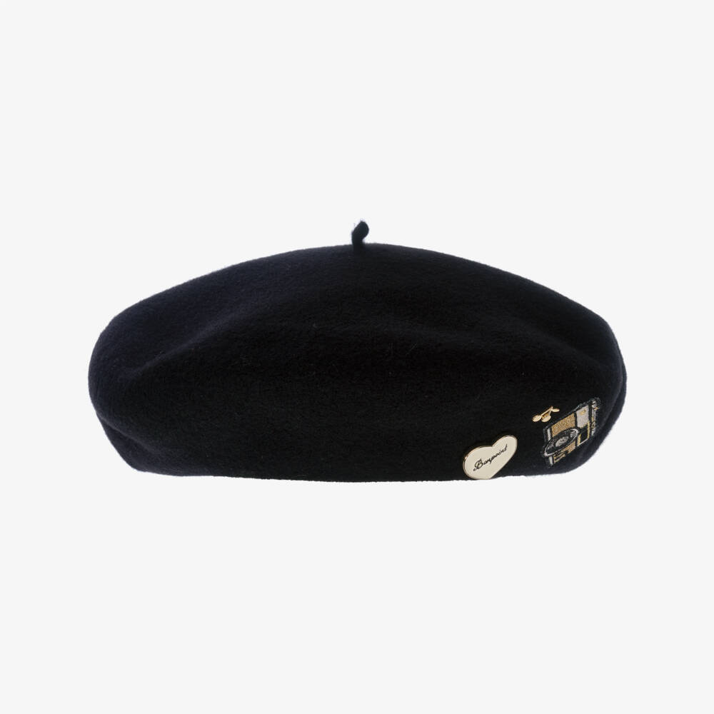 Bonpoint-Girls Black Wool Beret with Patches | Childrensalon Outlet