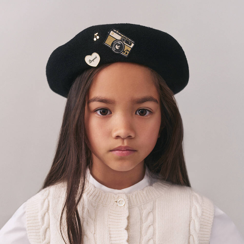 Bonpoint-Girls Black Wool Beret with Patches | Childrensalon Outlet