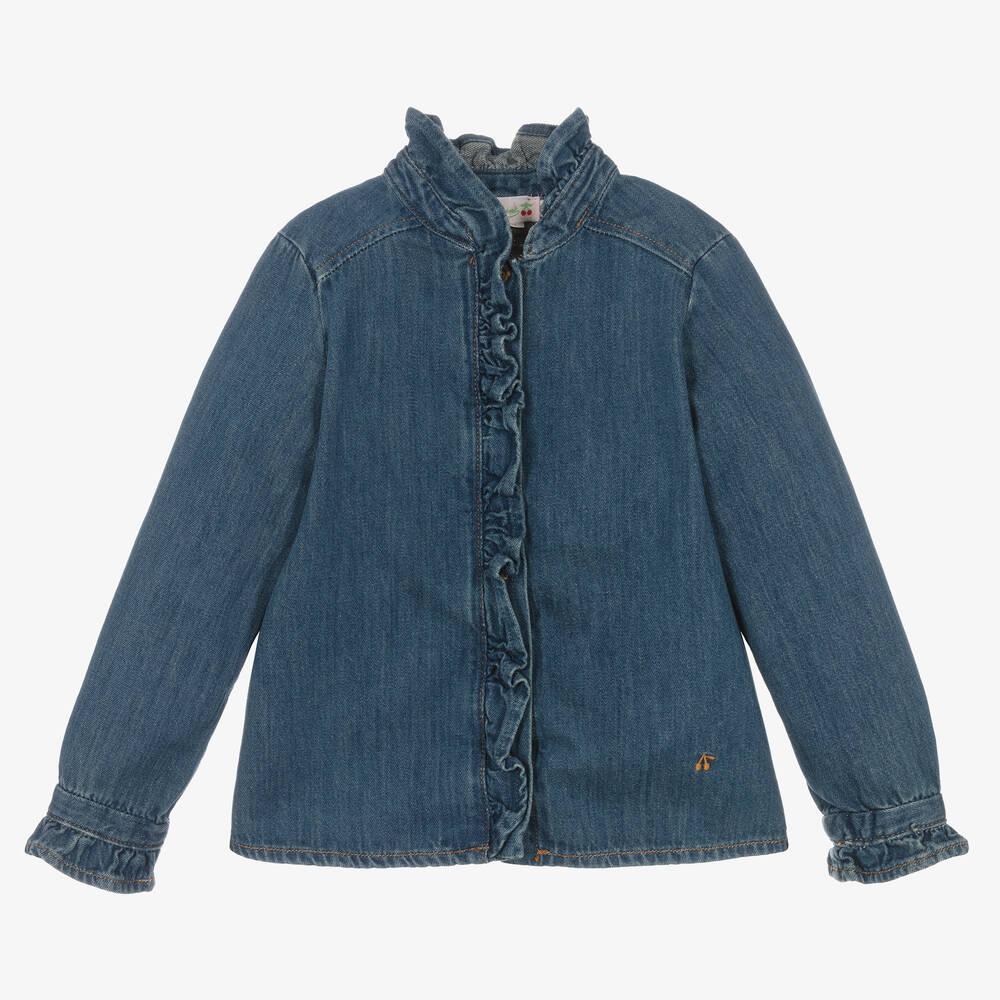 Bonpoint - Girls Blue Cotton Denim Ruffle Blouse | Childrensalon