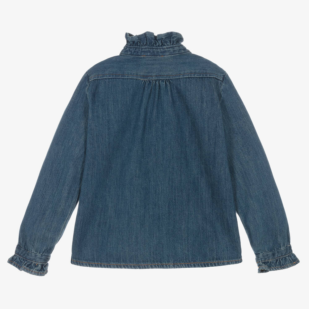 Bonpoint-Girls Blue Cotton Denim Ruffle Blouse | Childrensalon Outlet