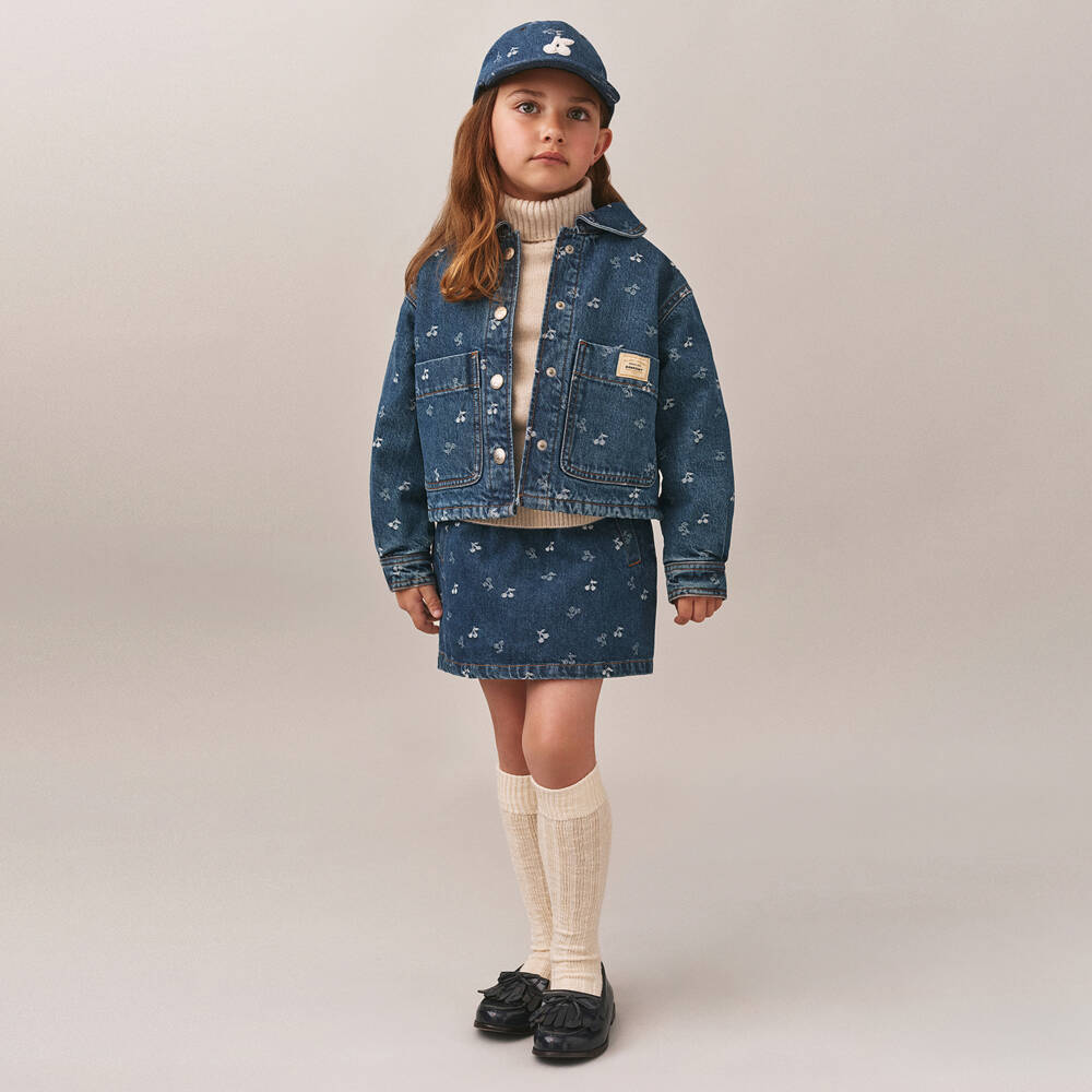 Bonpoint-Girls Blue Denim Cherry Embroidered Jacket | Childrensalon Outlet